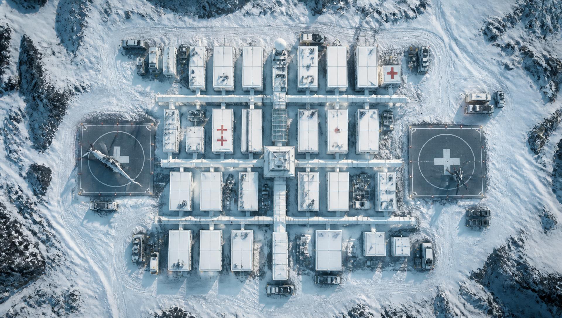 Aerial view of a deployed modular hospital complex in snow